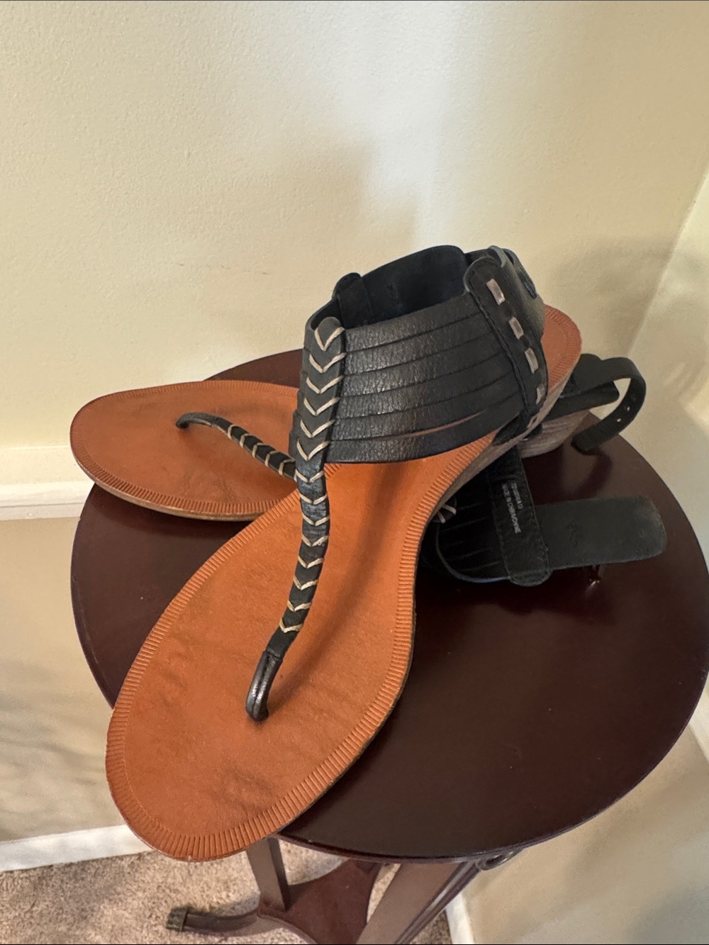 Coach Black Braided T-Strap Sandals with Brown Footbed